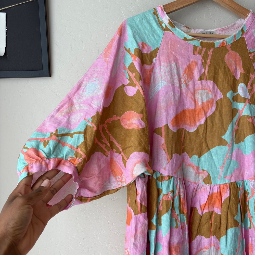 Lanhtropy Dress Linen Pink Floral Mini Dress One Size - Picture 4 of 8